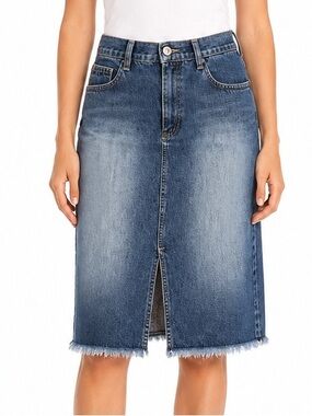 Vintage Santa Barbara Denim Midi Skirt Size 5 Y2K Raw Hem Front Slit 90s